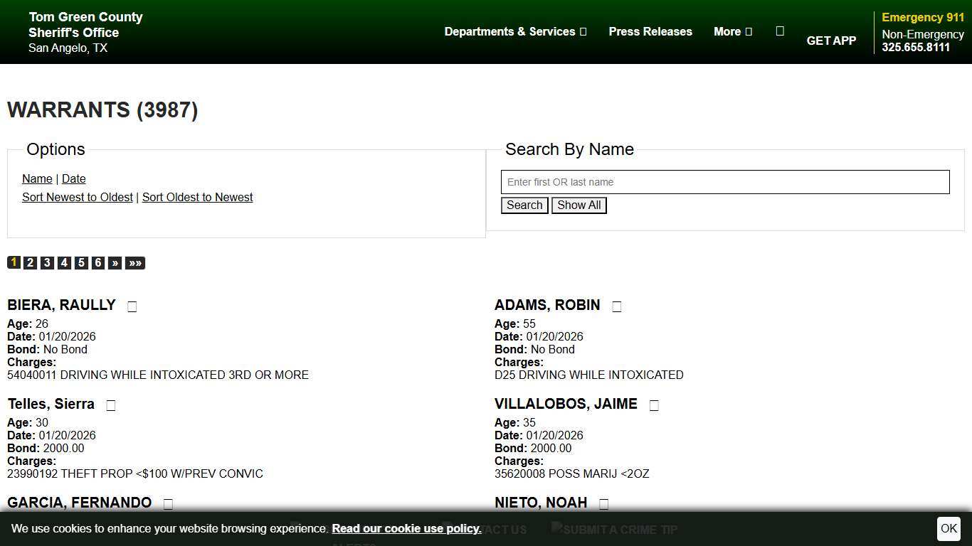 Warrants | Tom Green County TX Sheriff's Office | Sort Warrant Date - Descending | Page 1