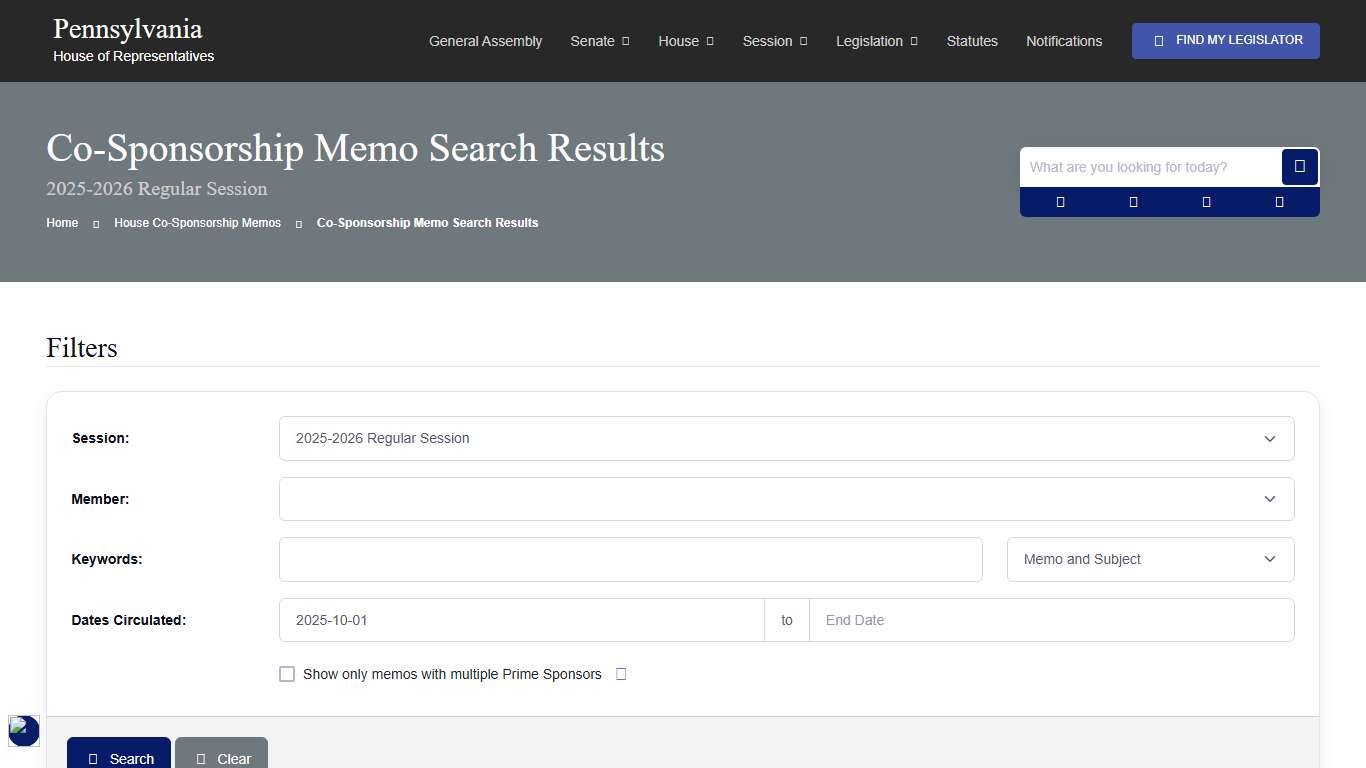 Co-Sponsorship Memo Search Results - 2025-2026 Regular Session - PA House of Representatives