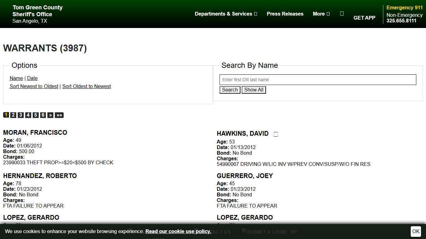 Warrants | Tom Green County TX Sheriff's Office | Searching | Sort Warrant Date - Descending | Page 1