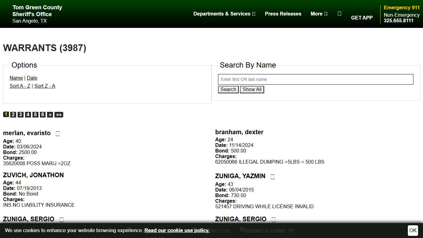 Warrants | Tom Green County TX Sheriff's Office | Sort Name - Descending | Page 1
